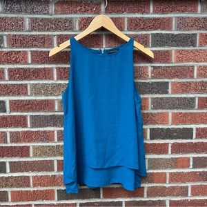Audrey & Celine Teal Blue Chiffon Cut In Layered Tank Top
